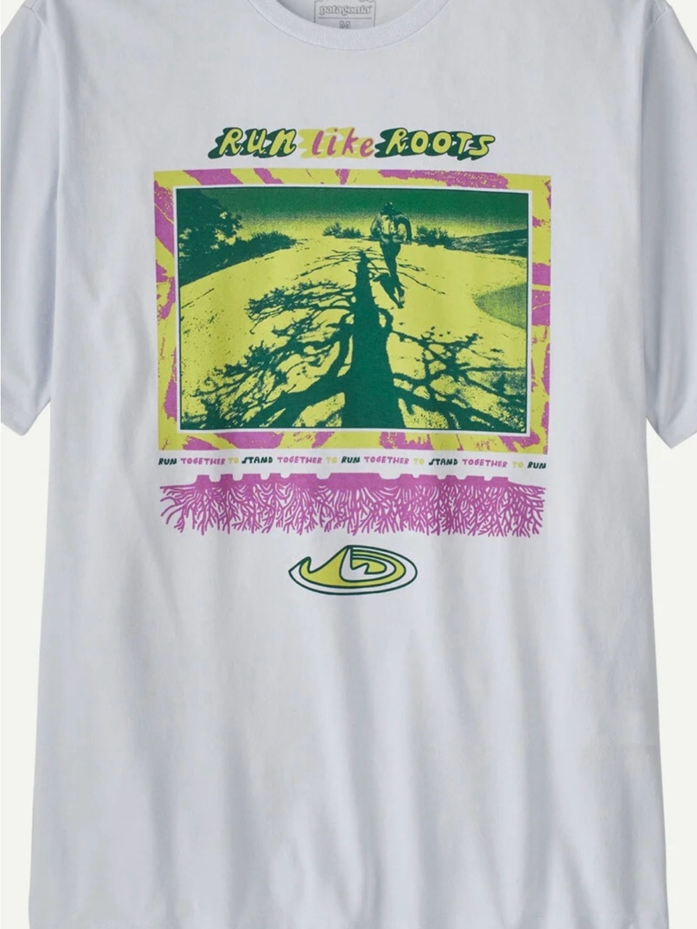 Men’s Run Like Roots Responsibili-Tee in White with Neon Green & Pink